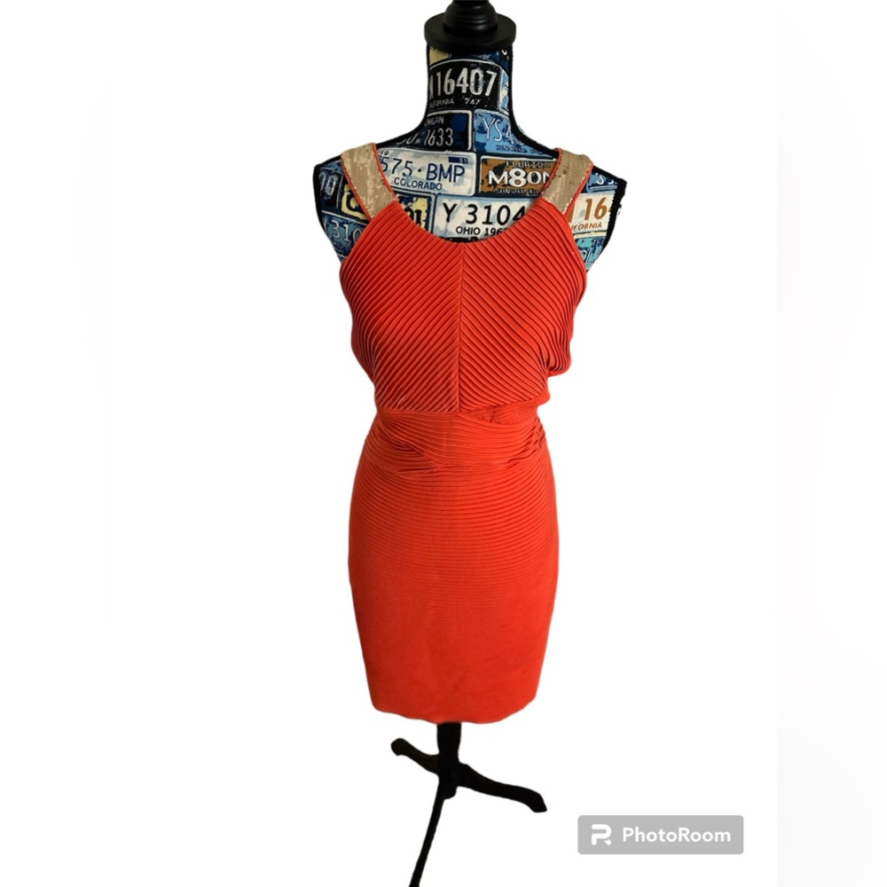 Calvin Klein ribbed bodycon dress. Gold sequined straps.